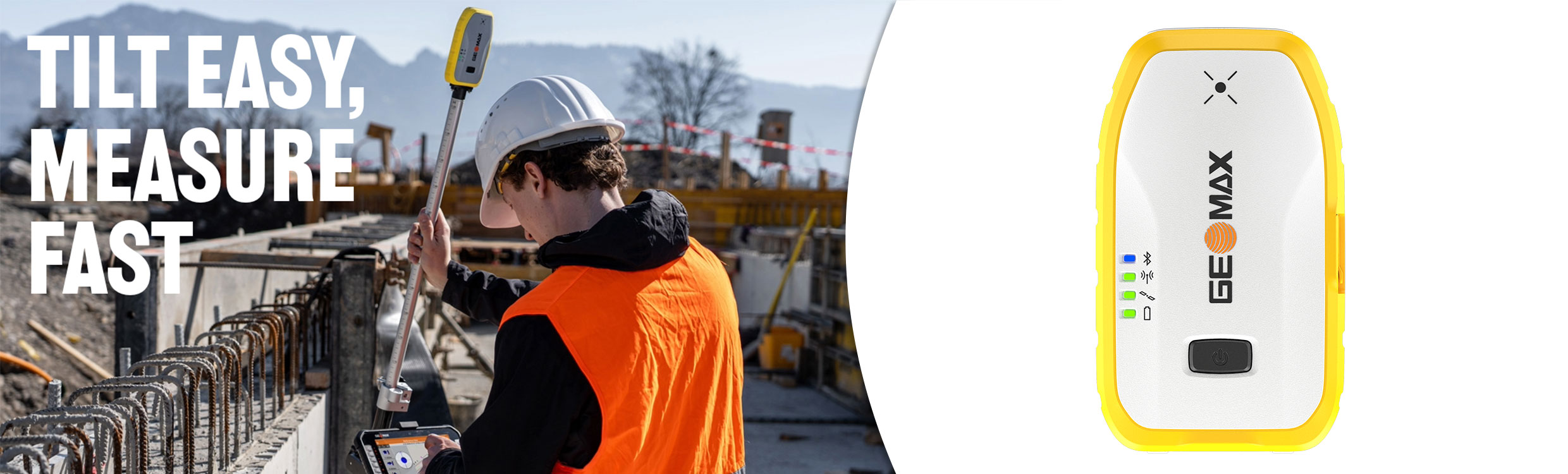 A surveyor measures using a GNSS receiver with titlt compensation, at a construction site